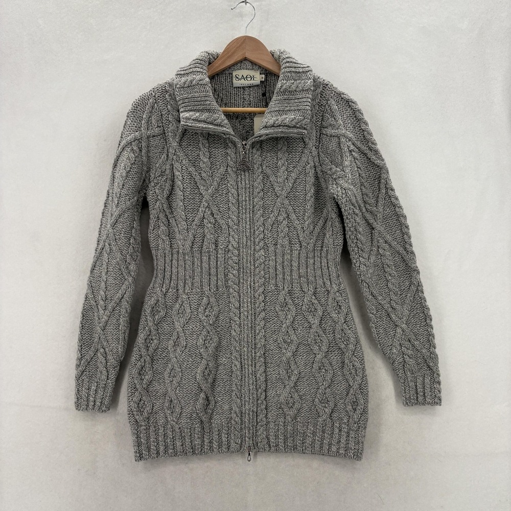 SAOL Cardigan Sweater Womens Small Gray Merino Wool Full Zip Cable Knit Ireland